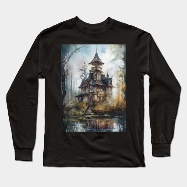 Gothic Futurism House in the Old Ancient Woods Long Sleeve T-Shirt by podartist